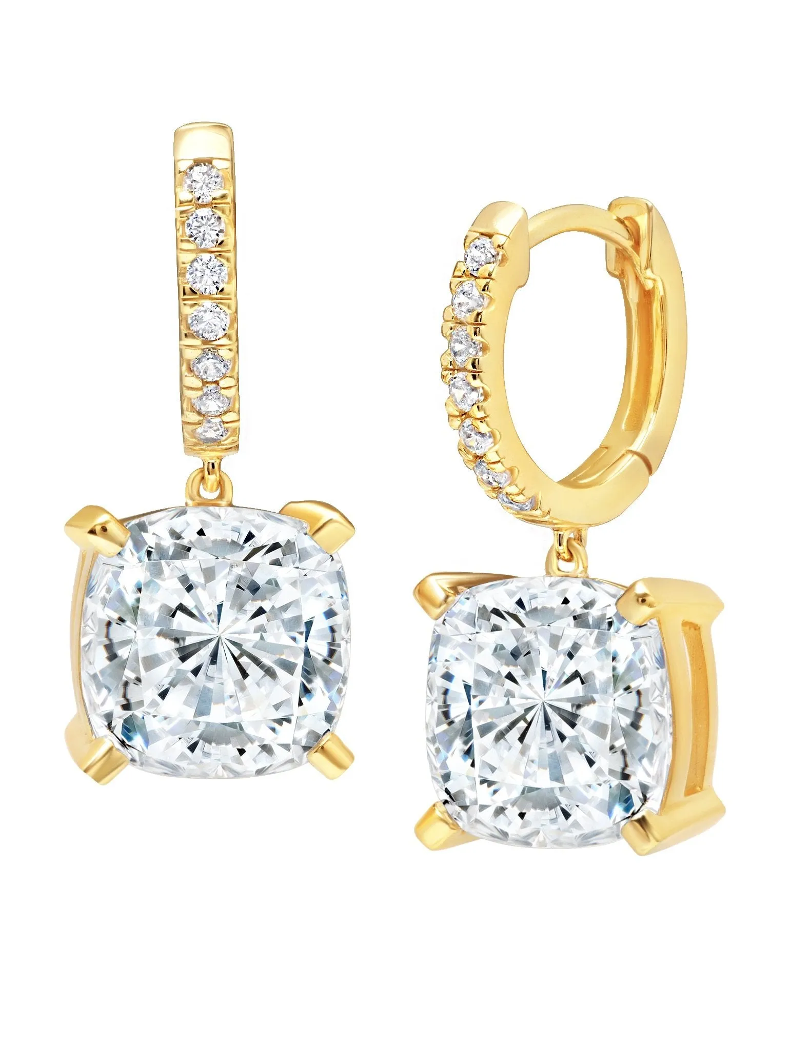Bliss Cushion Cut Drop Earrings Finished in Gold