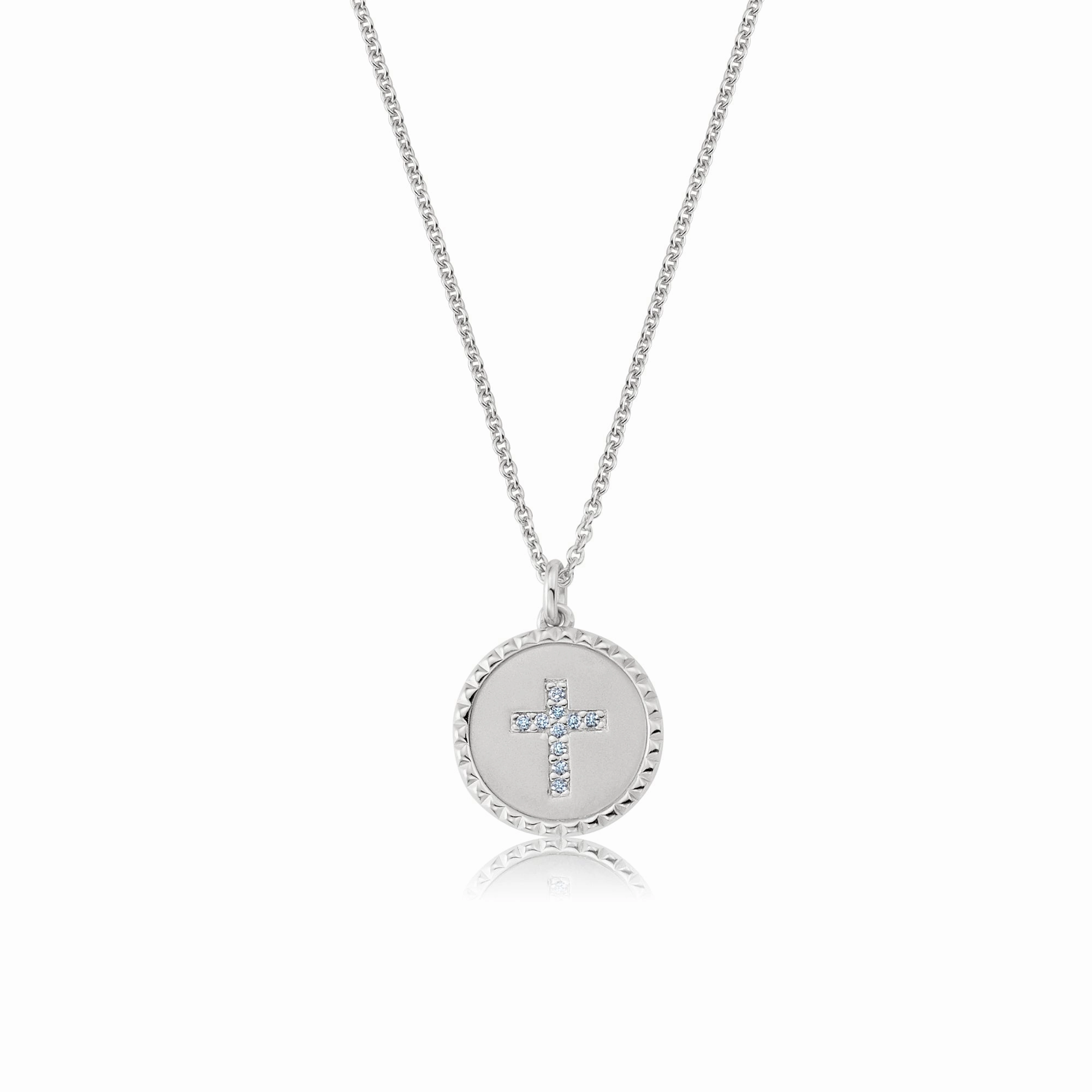 Brilliant Round Cross Medallion Necklace Finished in Platinum
