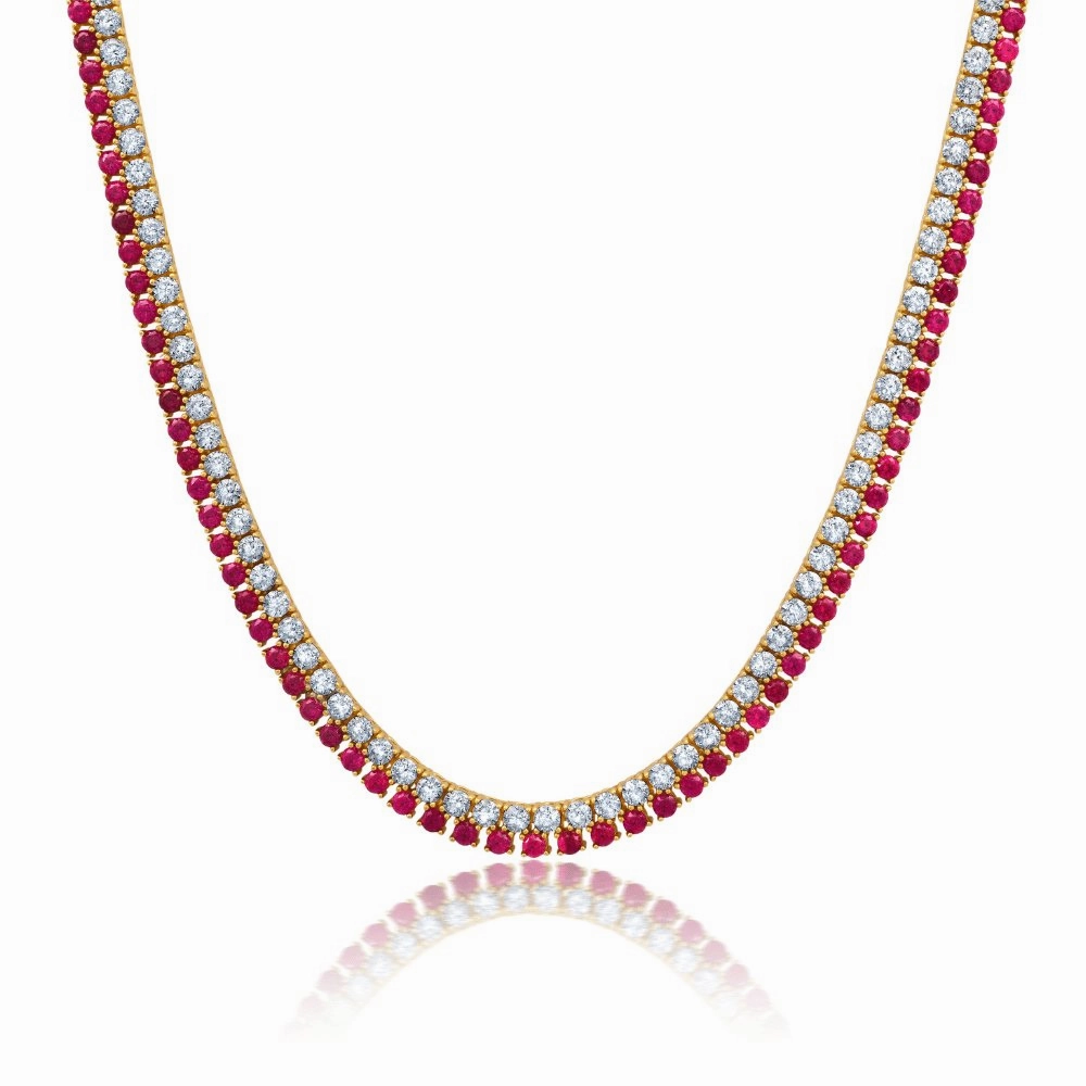 Double Row Clear And Ruby Color Round Cut 18'' Tennis Necklace