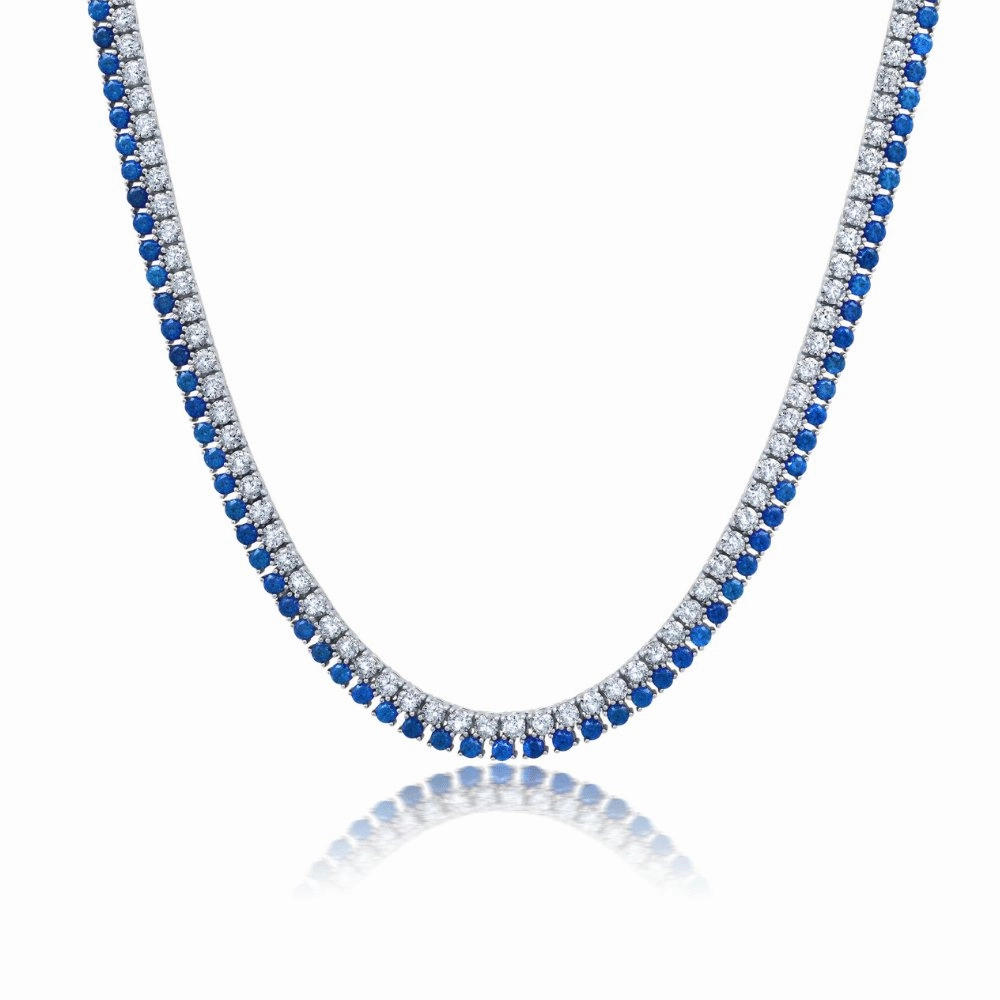 Double Row Clear And Sapphire Color Round Cut 18'' Tennis Necklace