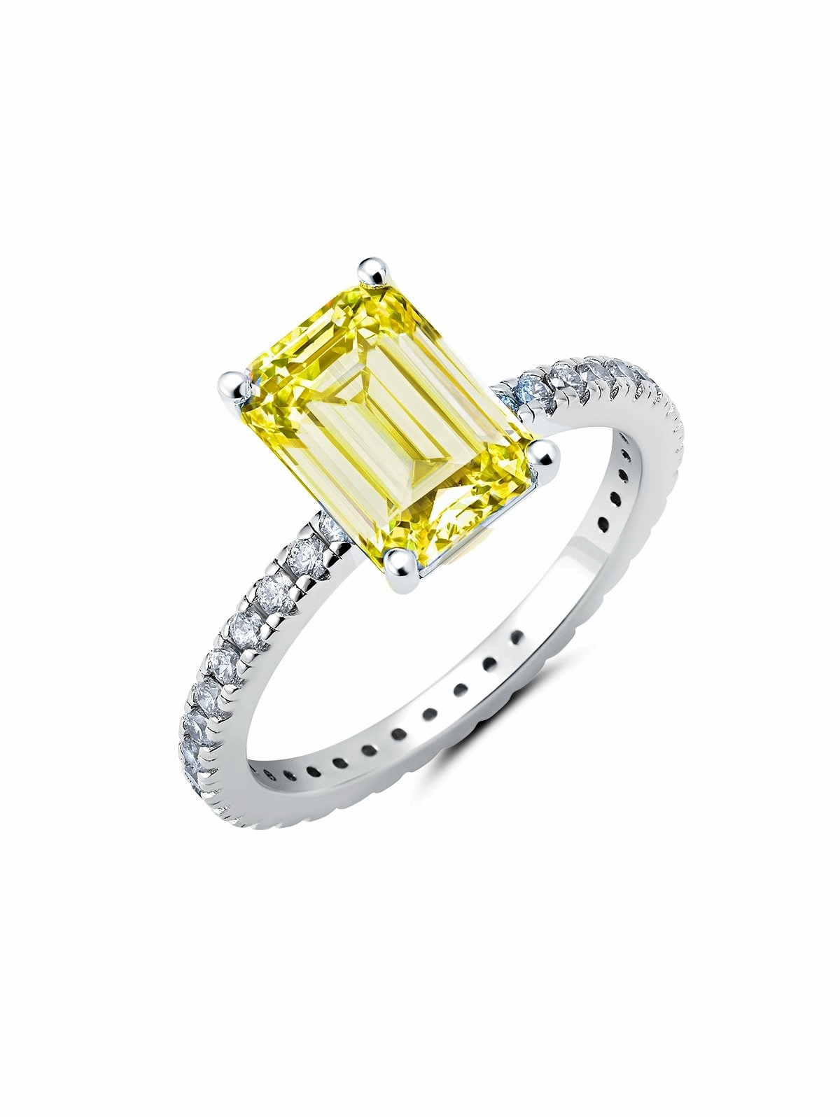 Emerald & Pave Canary Cocktail Ring Finished in Platinum
