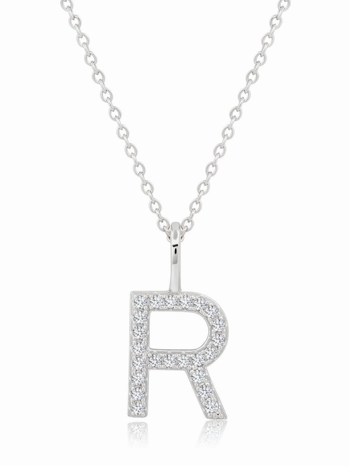 Initial Pendant Necklace Charm Letter R Finished in Pure Platinum