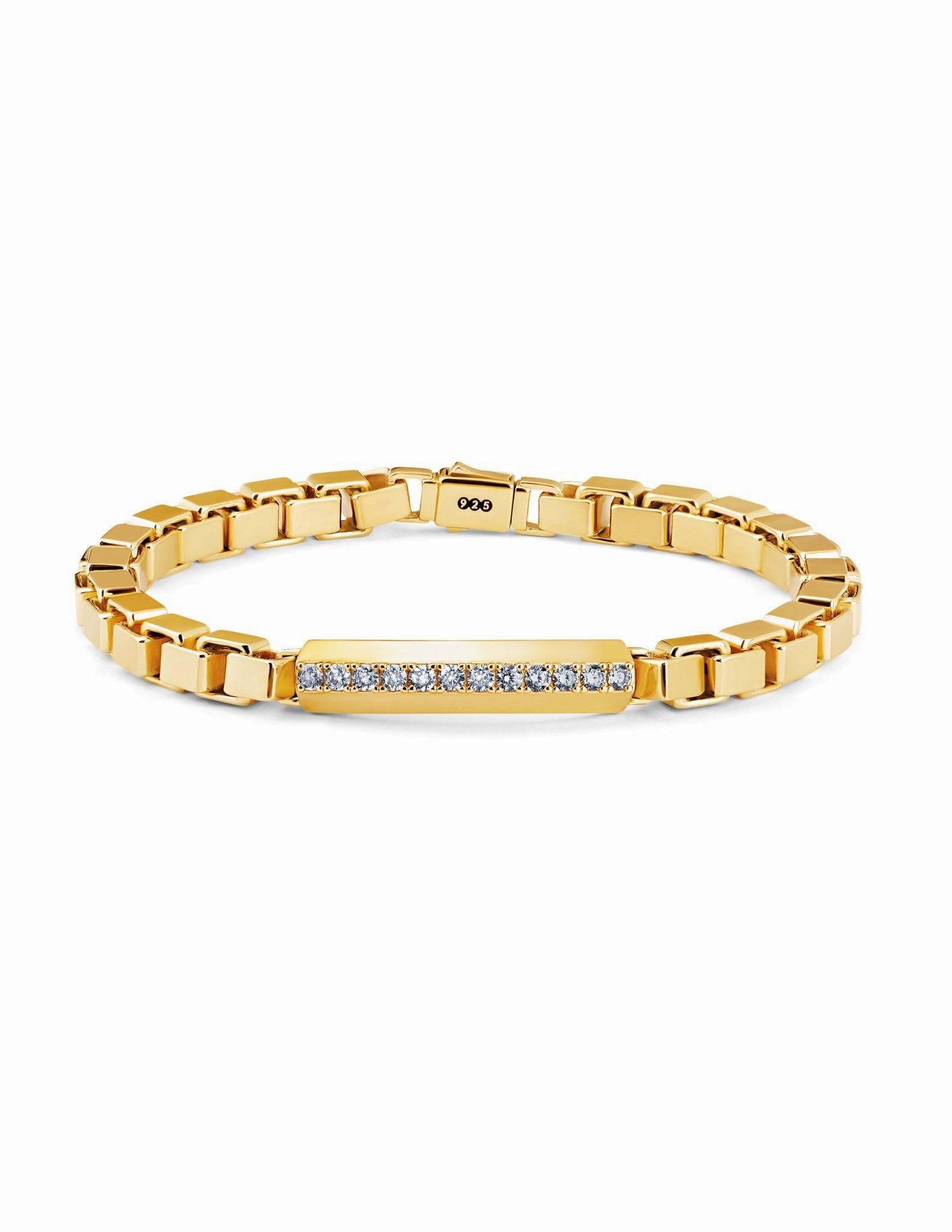 Mens Matte Large Box Chain Pave ID Bracelet in 18kt Yellow Gold