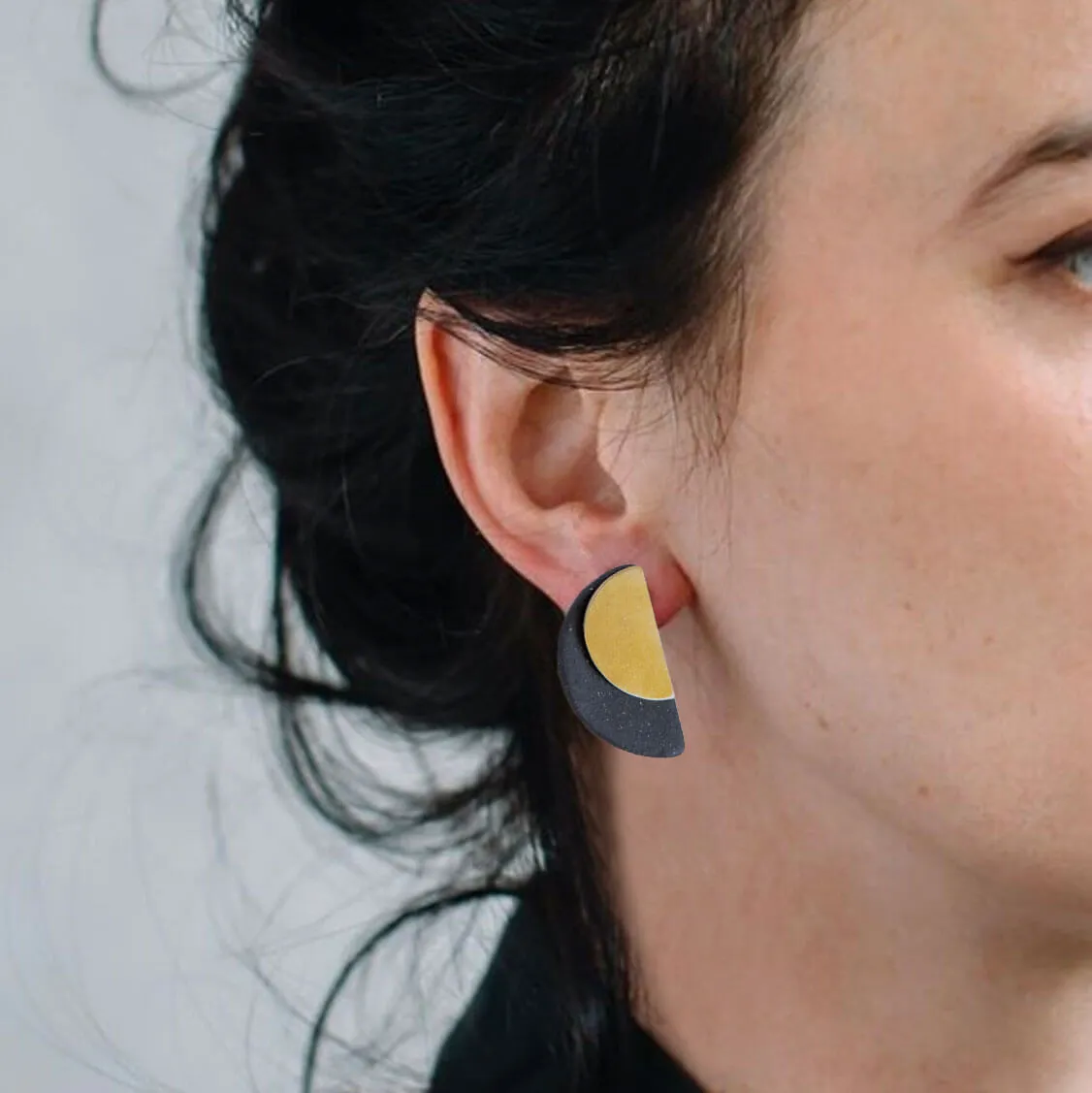 SALE - Half Moon Jacket Earrings in Charcoal Pottery and Brass
