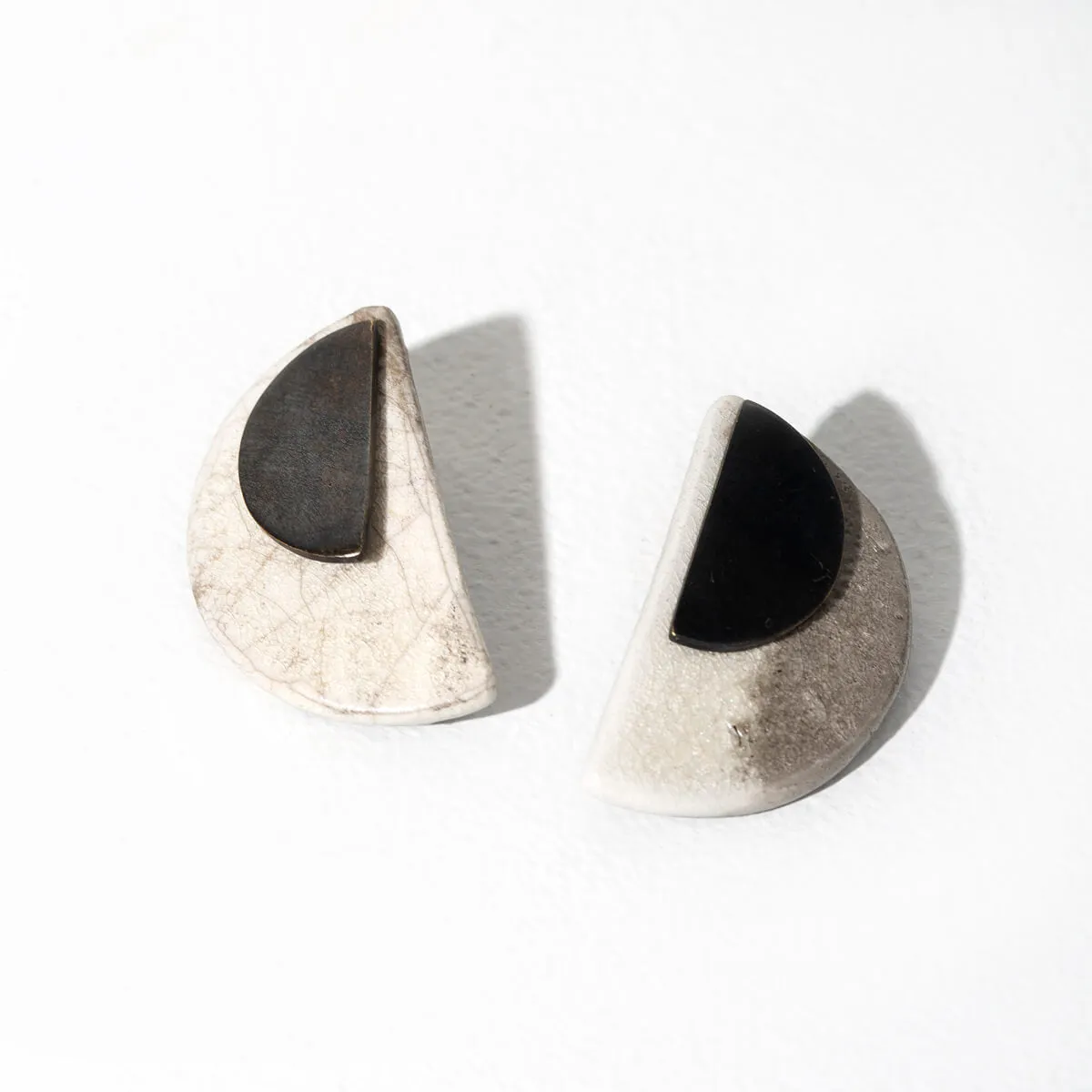 SALE - Half Moon Jacket Earrings in Raku Pottery and Oxidized Brass