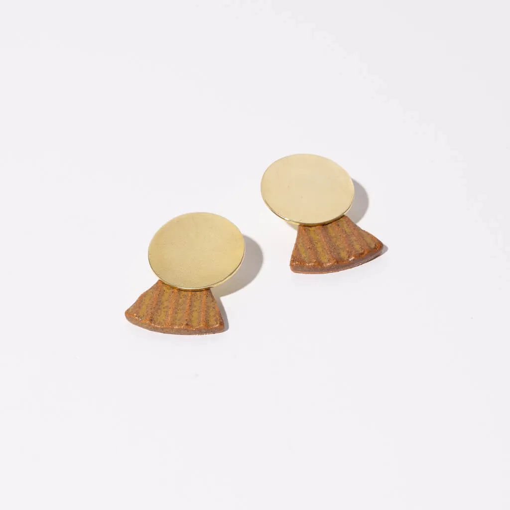 SALE - Reeded Fan Drop Earrings in Golden Umber Pottery and Brass