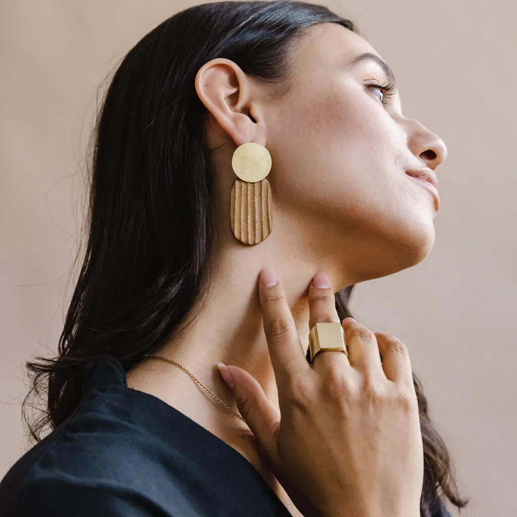 SALE - Reeded Oval Drop Earrings in Golden Umber Pottery and Brass