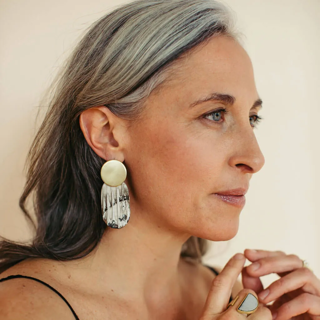 SALE - Reeded Oval Drop Earrings in Raku Pottery and Brass