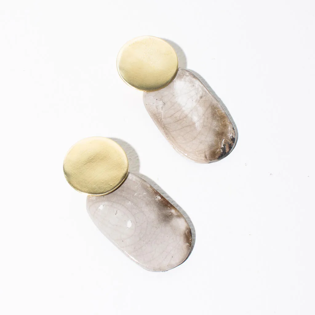 SALE - Smooth Oval Drop Earrings in Raku Pottery and Brass