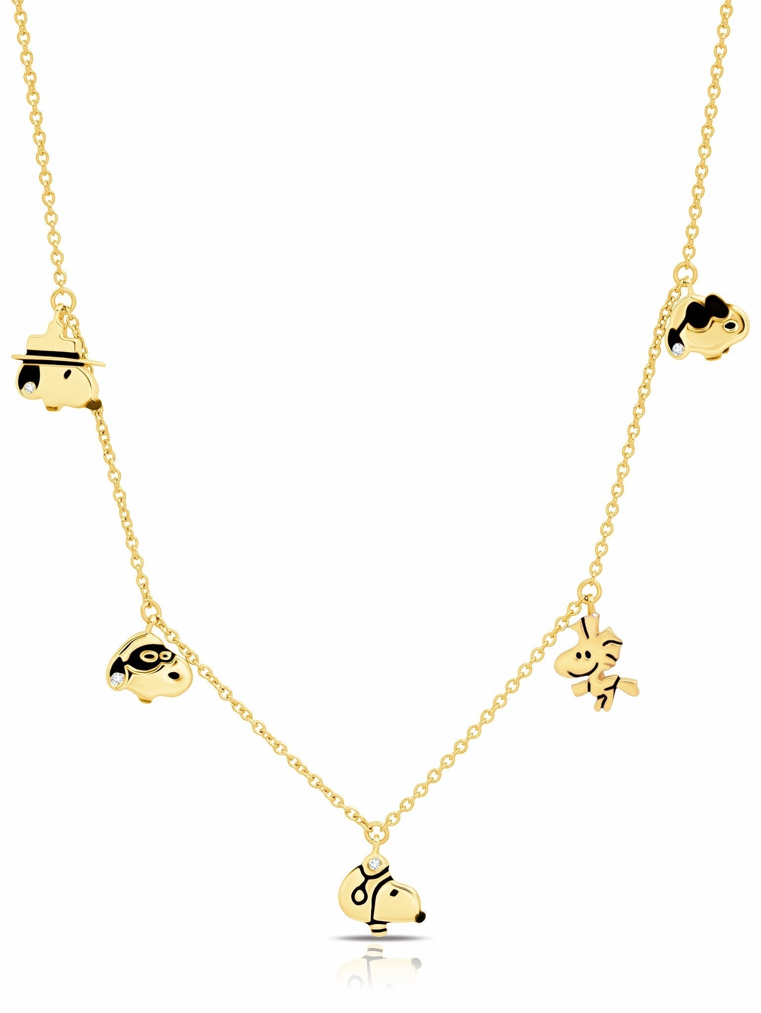 Snoopy & Woodstock  .925 Sterling Silver Charm Necklace Finished in 18kt Yellow Gold