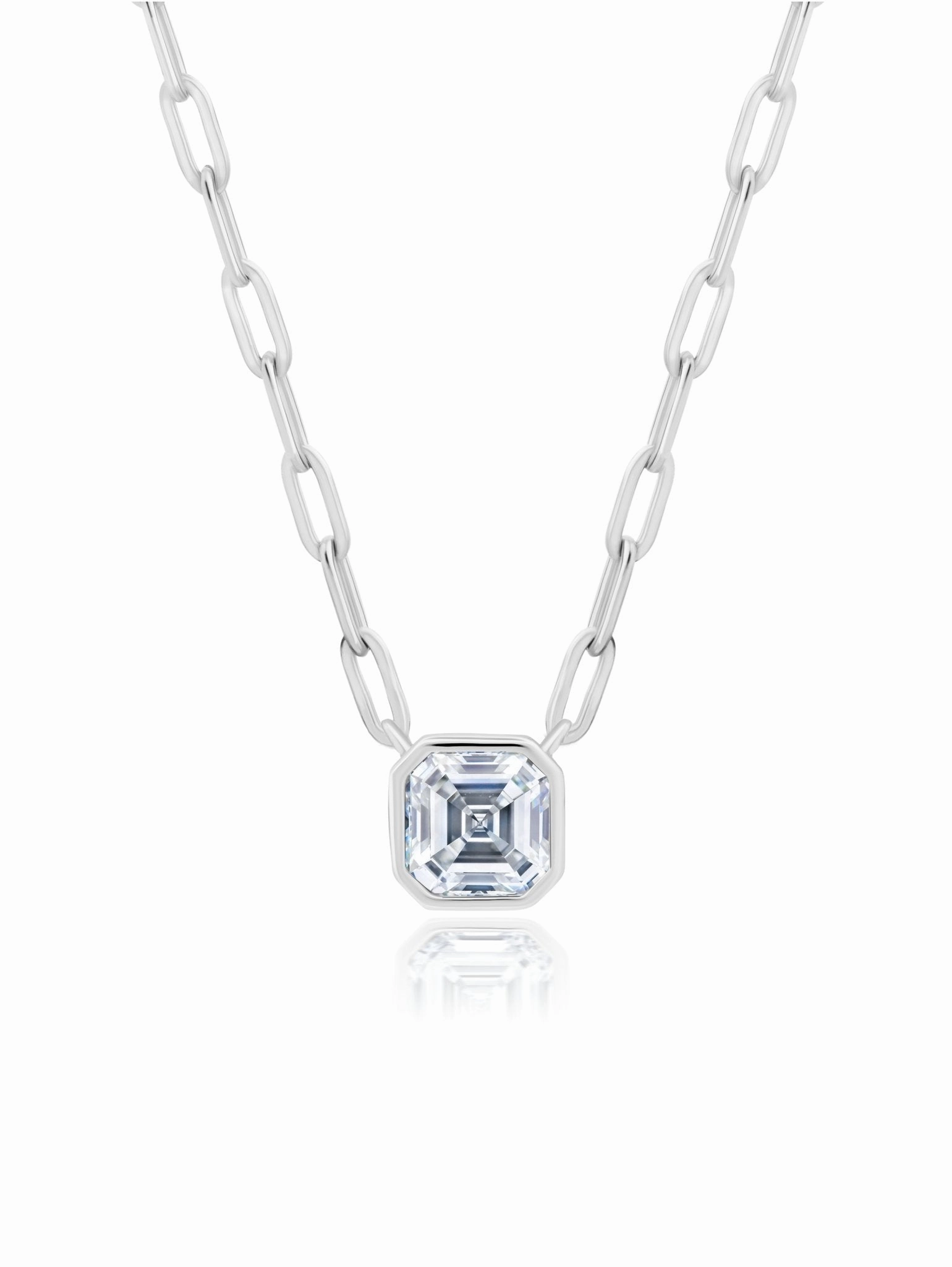 Solitaire Bezel Set Asscher Stud Necklace With Paperclip Style Chain Finished In Pure Platinum