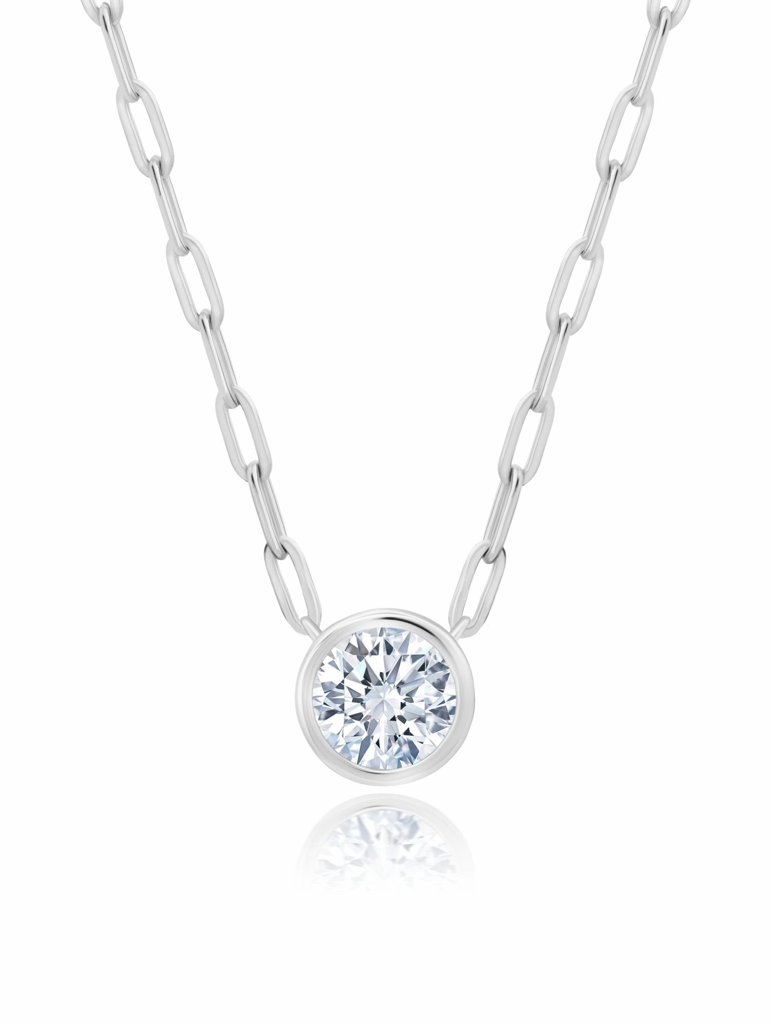 Solitaire Bezel Set Round Stud Necklace With Paperclip Style Chain Finished In Pure Platinum