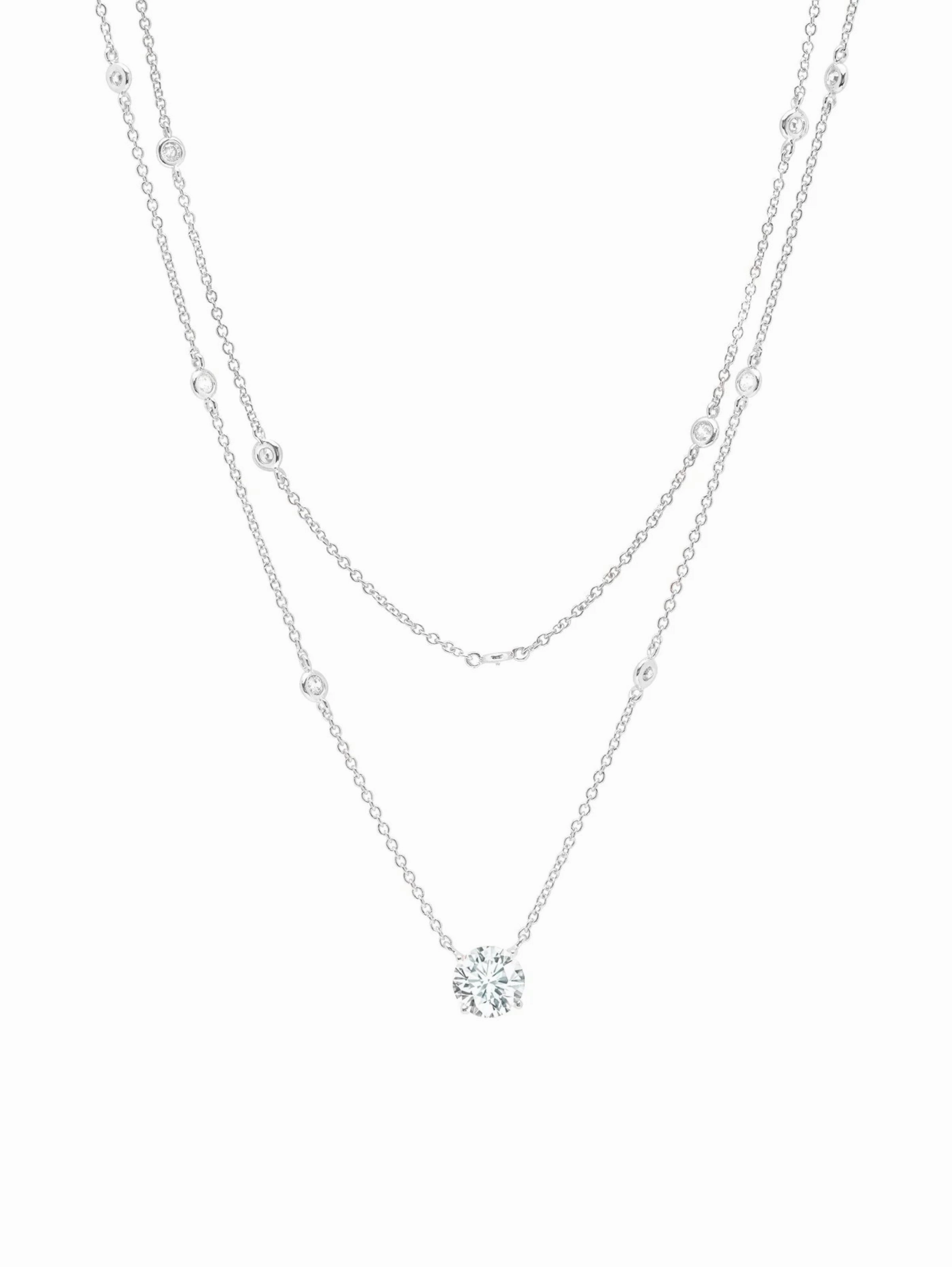 Solitaire Double Layered Necklace Finished in Pure Platinum