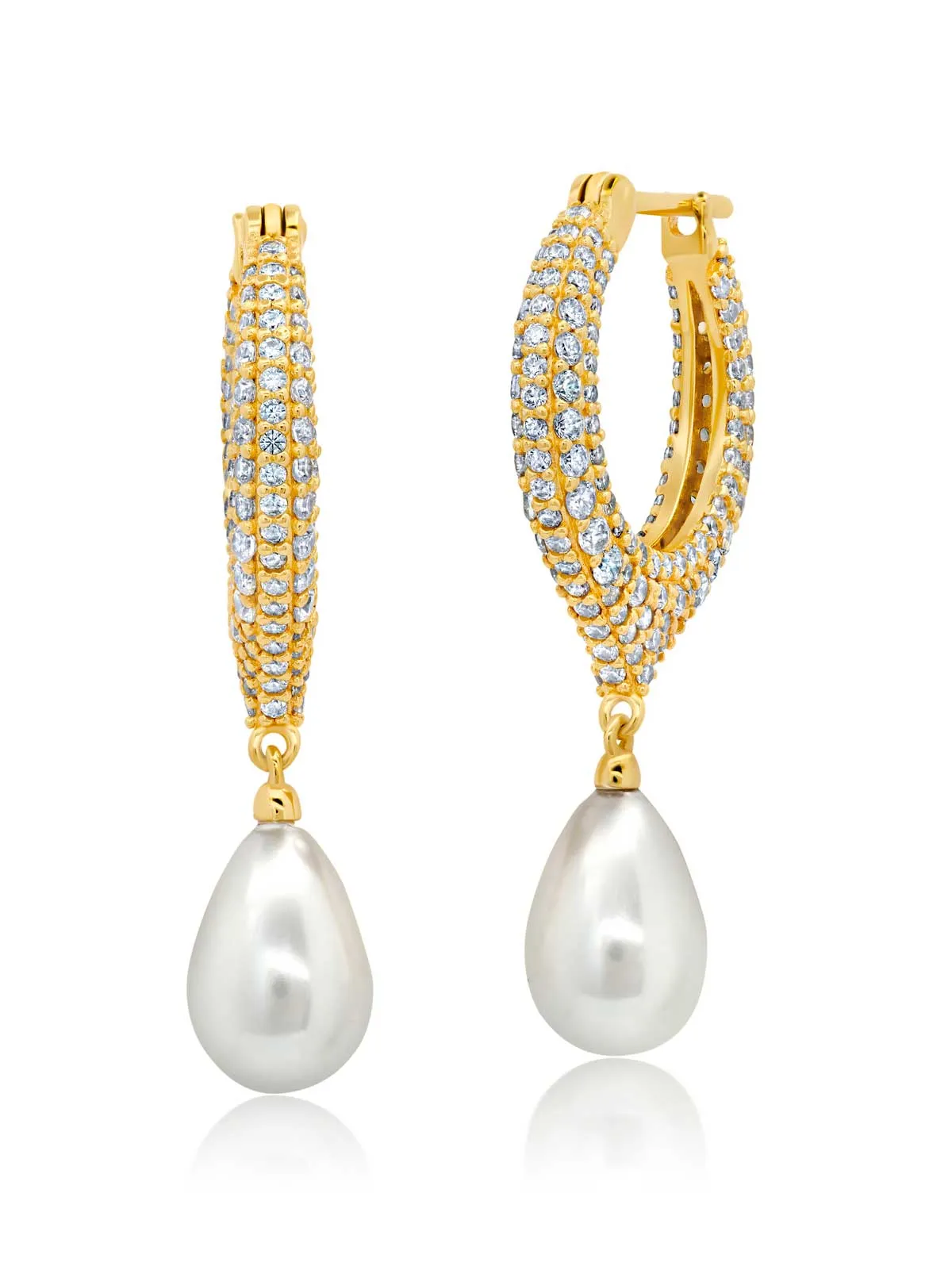 Teardrop Pearl And Pave Drop Earrings Finished in Gold