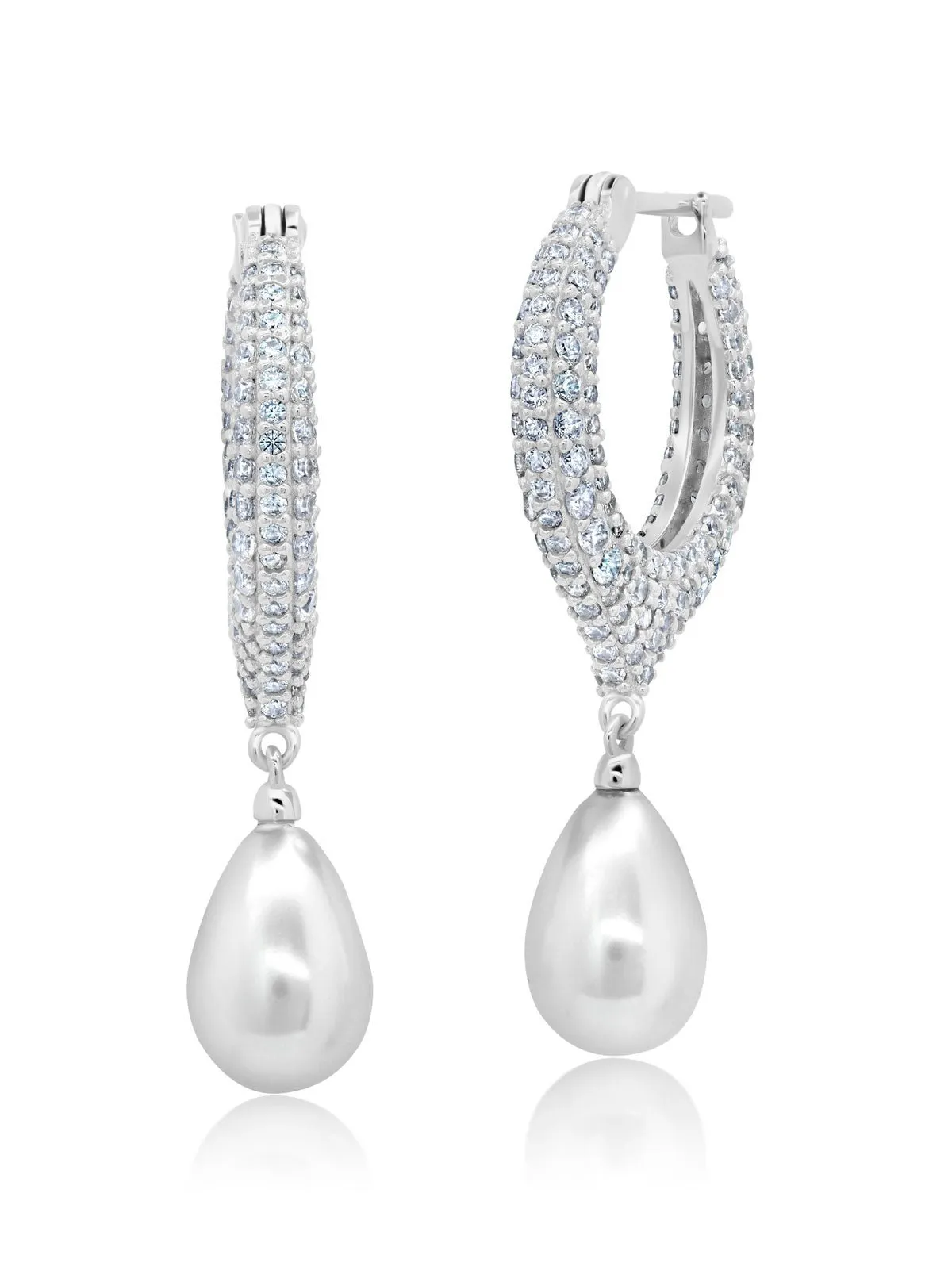 Teardrop Pearl And Pave Drop Earrings Finished in Platinum