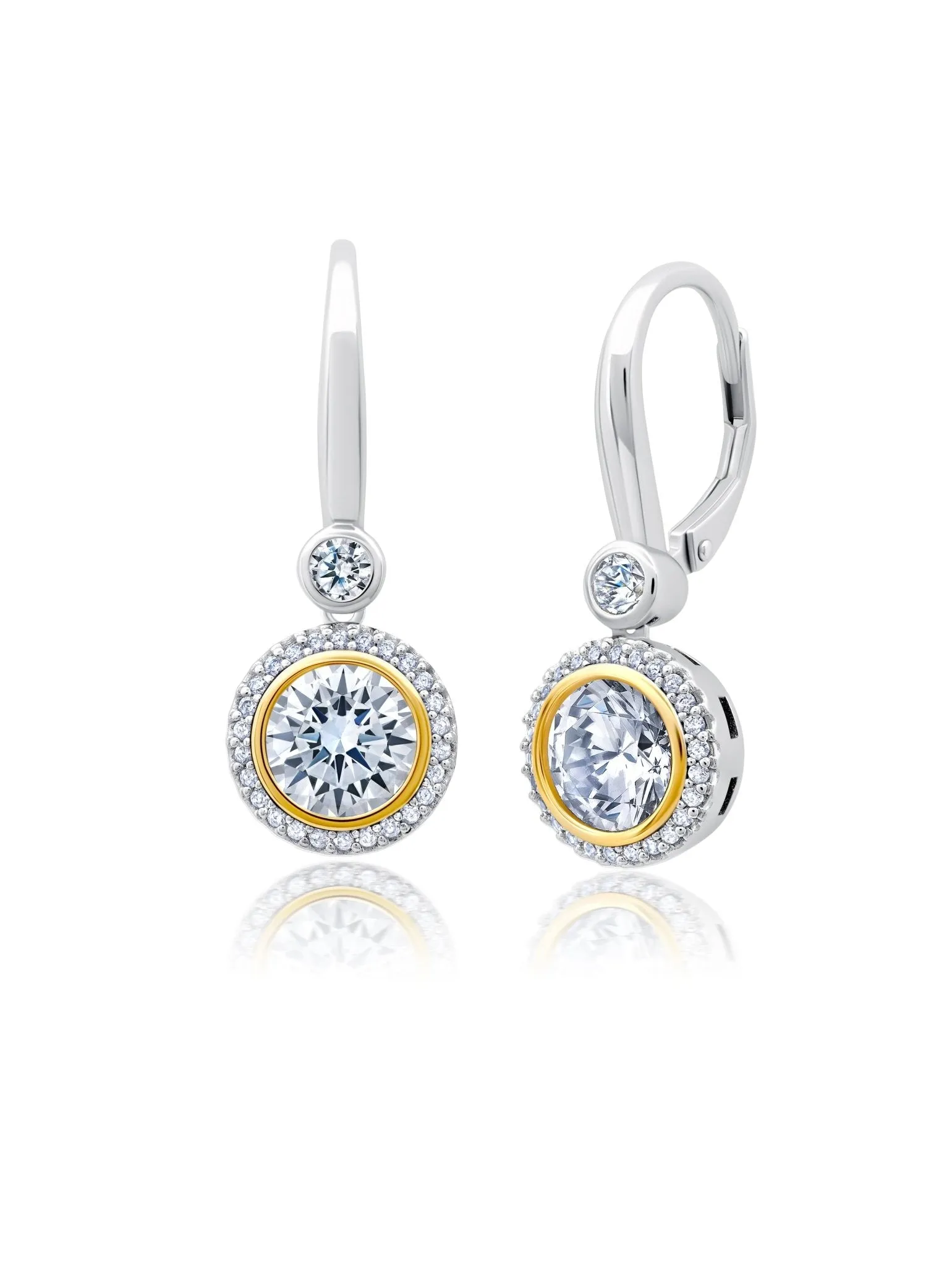Two Tone Halo Leverback Earrings Finished in Platinum and Gold